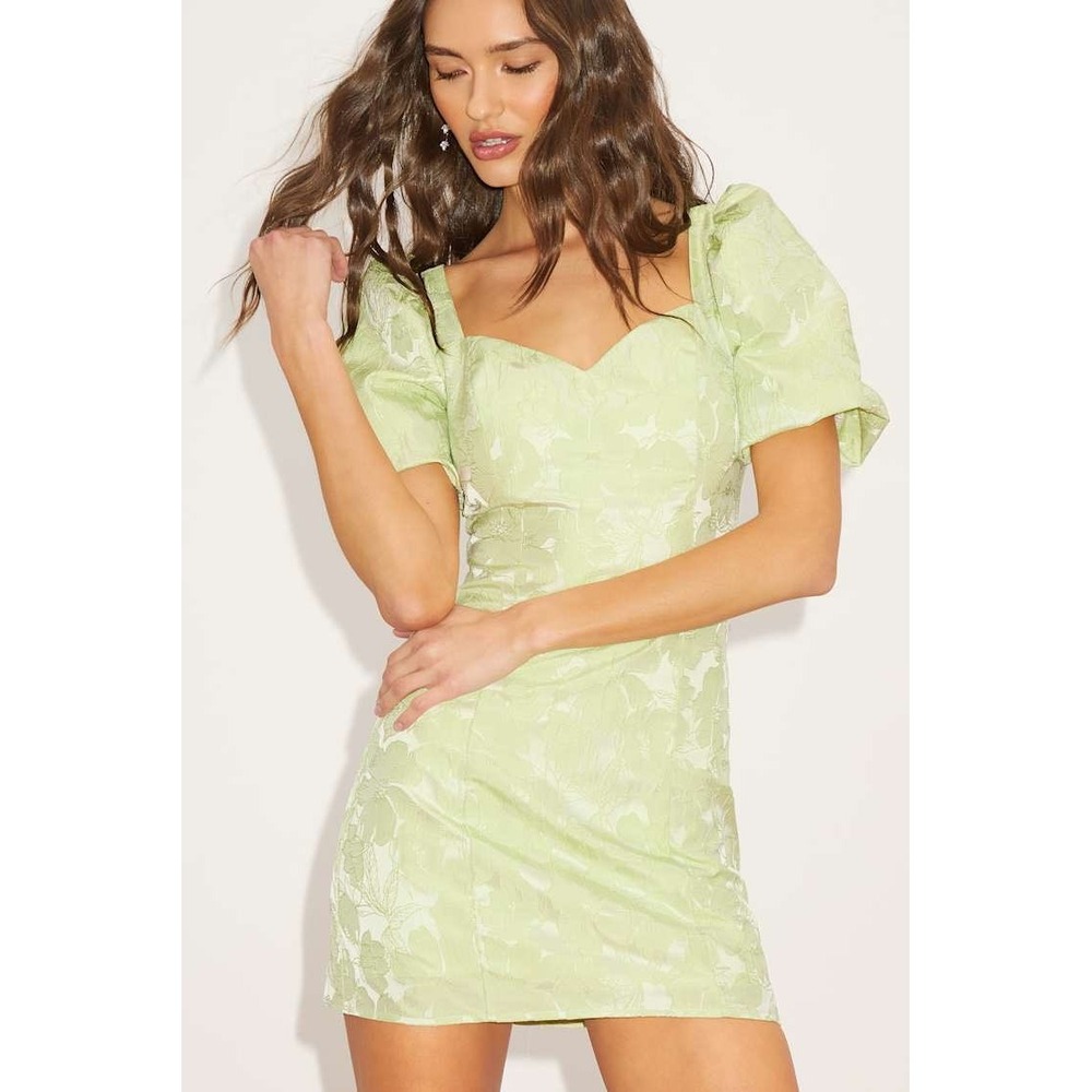 Lulus Lustrous Love Light Green Floral Jacquard Puff Sleeve Mini Dress XS NEW - Picture 4 of 11